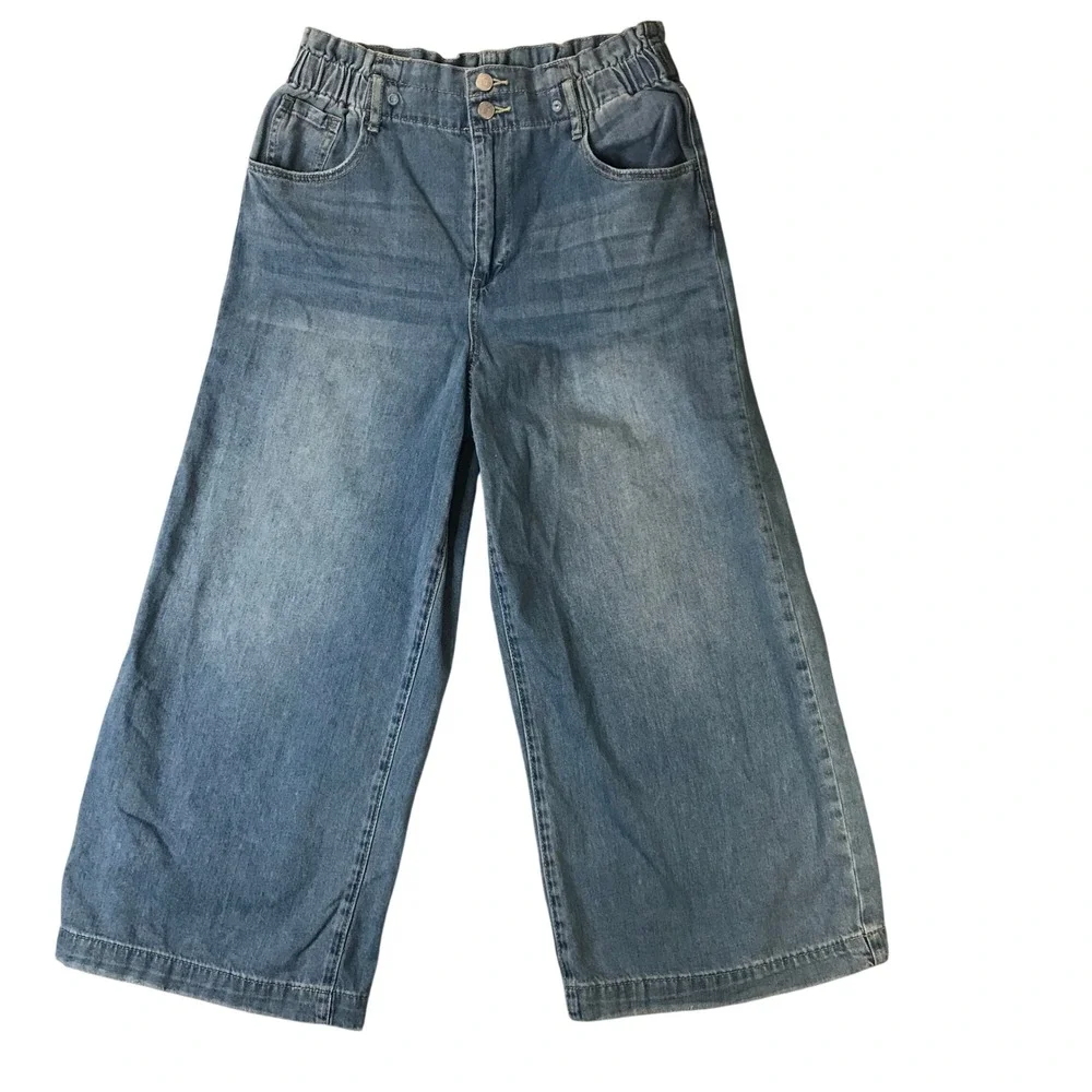 Wonderly Jeans Women 10 Light Blue Cropped Wide Leg Paperbag Elastic Waist Denim
